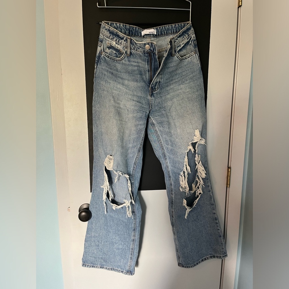High rise straight leg distressed jeans